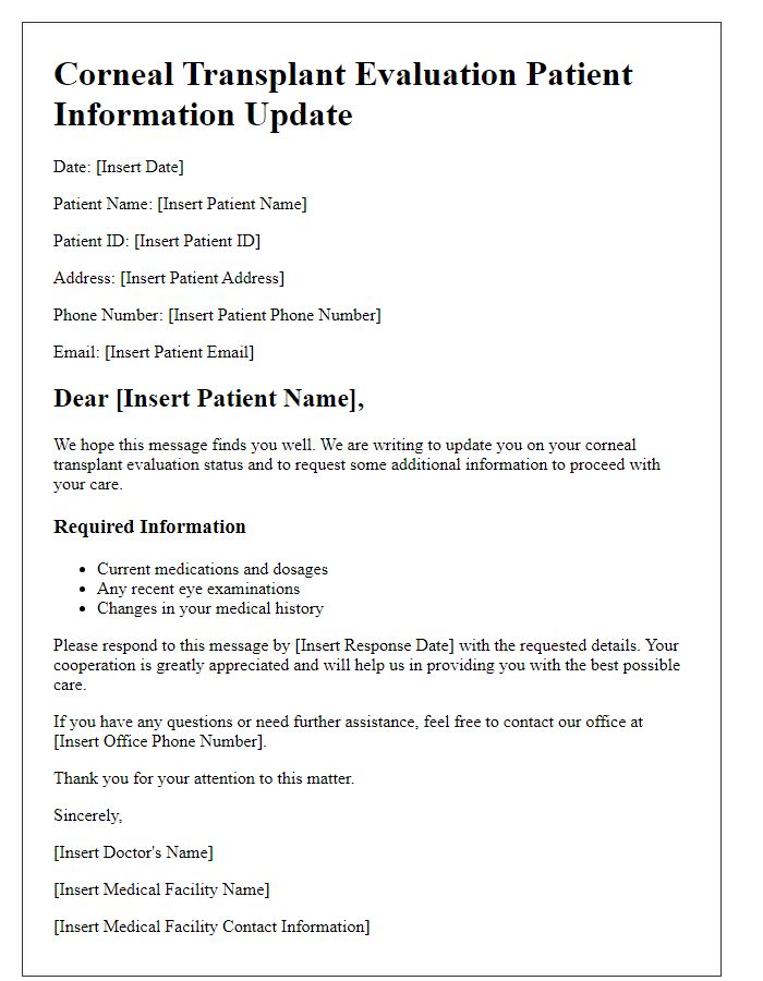 Letter template of corneal transplant evaluation patient information update