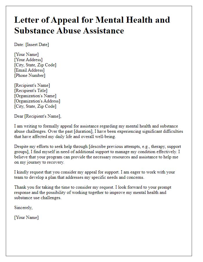 Letter template of appeal for mental health and substance abuse assistance