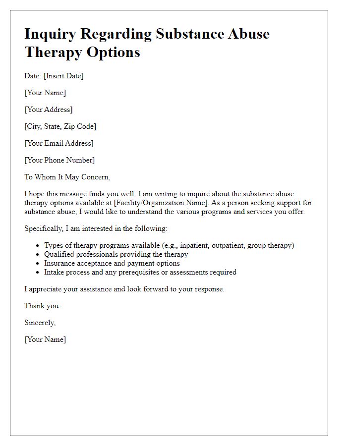 Letter template of inquiry regarding substance abuse therapy options