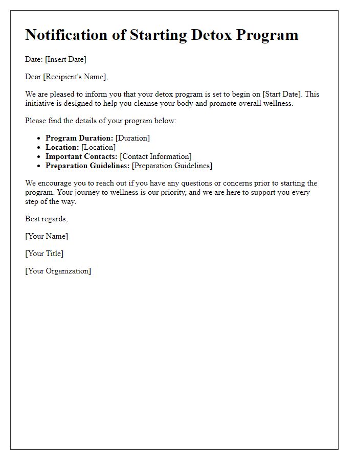 Letter template of notification for starting a detox program