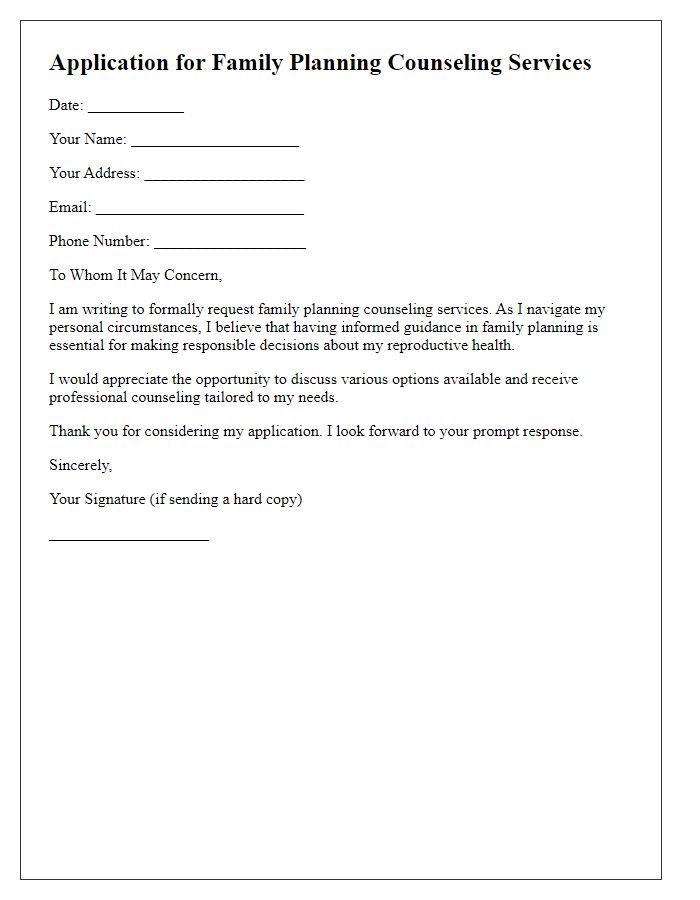 Letter template of application for family planning counseling services.