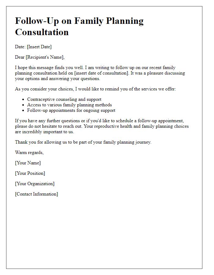 Letter template of follow-up on previous family planning consultations.