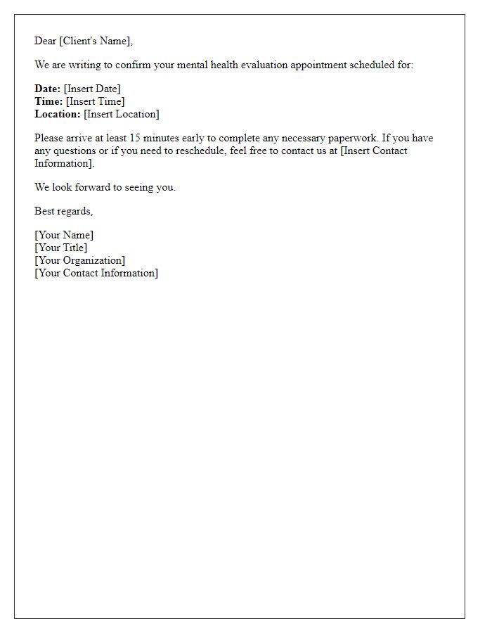 Letter template of confirming mental health evaluation date