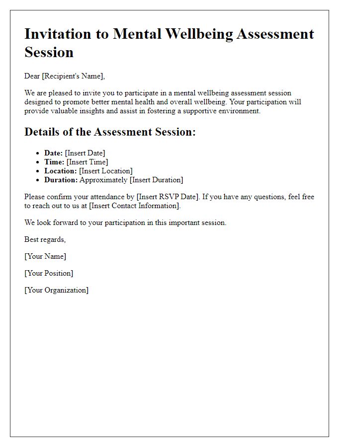 Letter template of inviting for a mental wellbeing assessment session