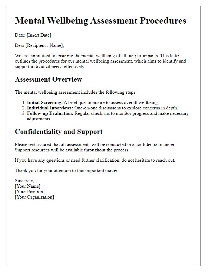 Letter template of outlining mental wellbeing assessment procedures