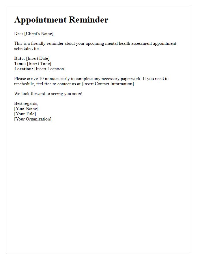 Letter template of reminding about upcoming mental health assessment appointment