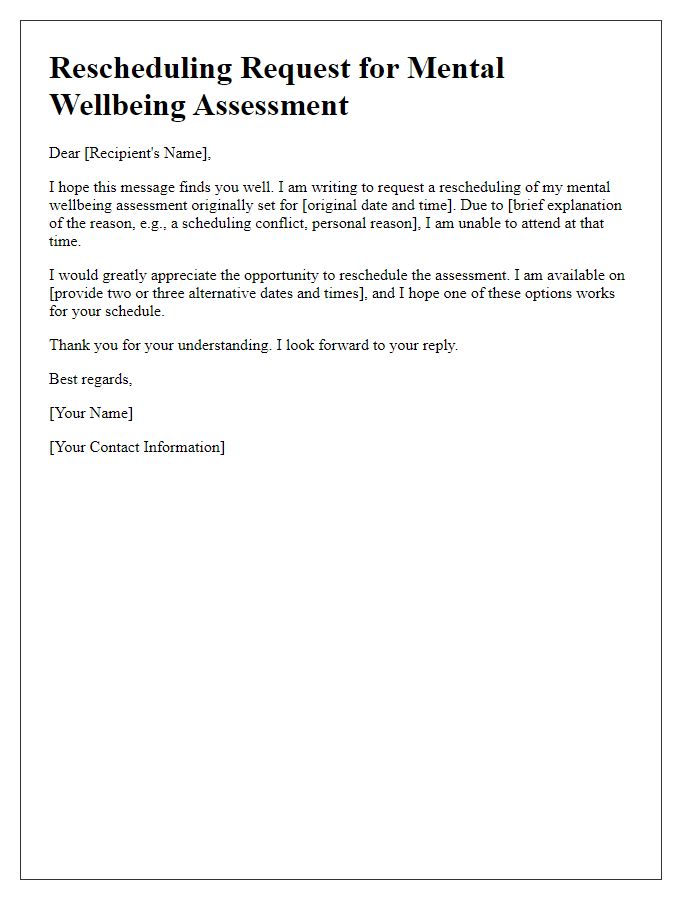 Letter template of rescheduling a mental wellbeing assessment