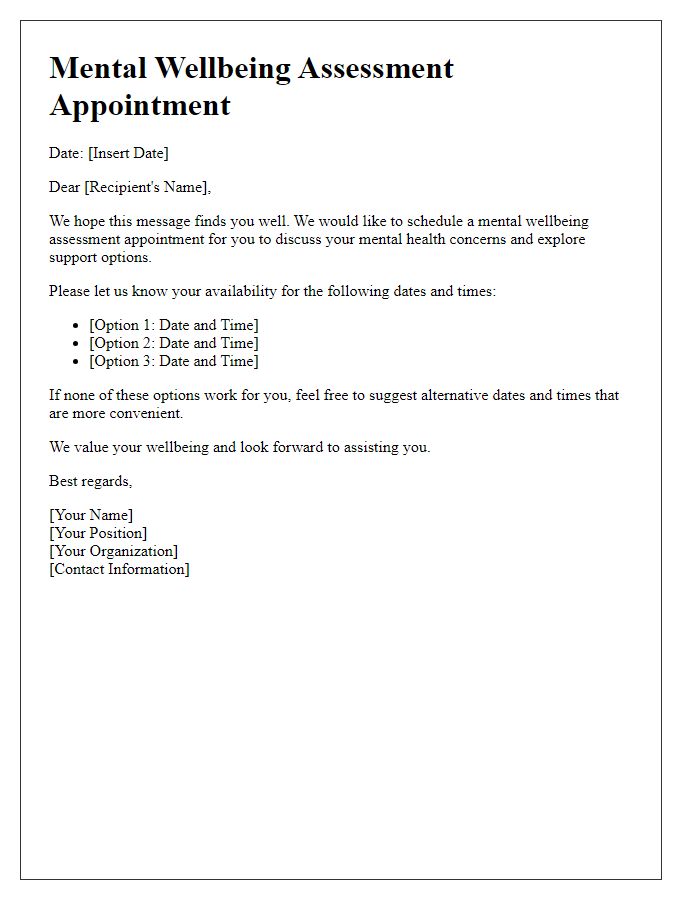 Letter template of scheduling a mental wellbeing assessment appointment