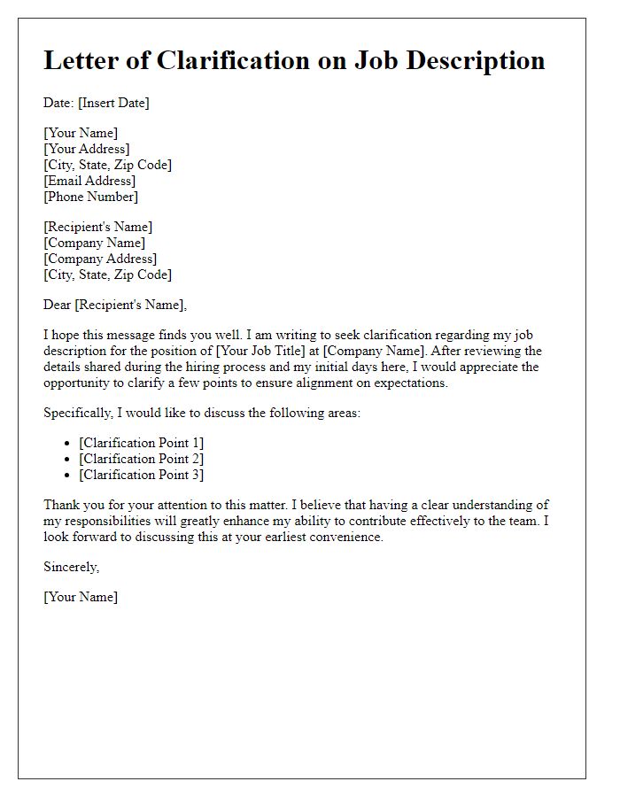 Letter template of clarification on job description