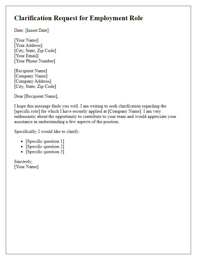 Letter template of clarification request for employment role