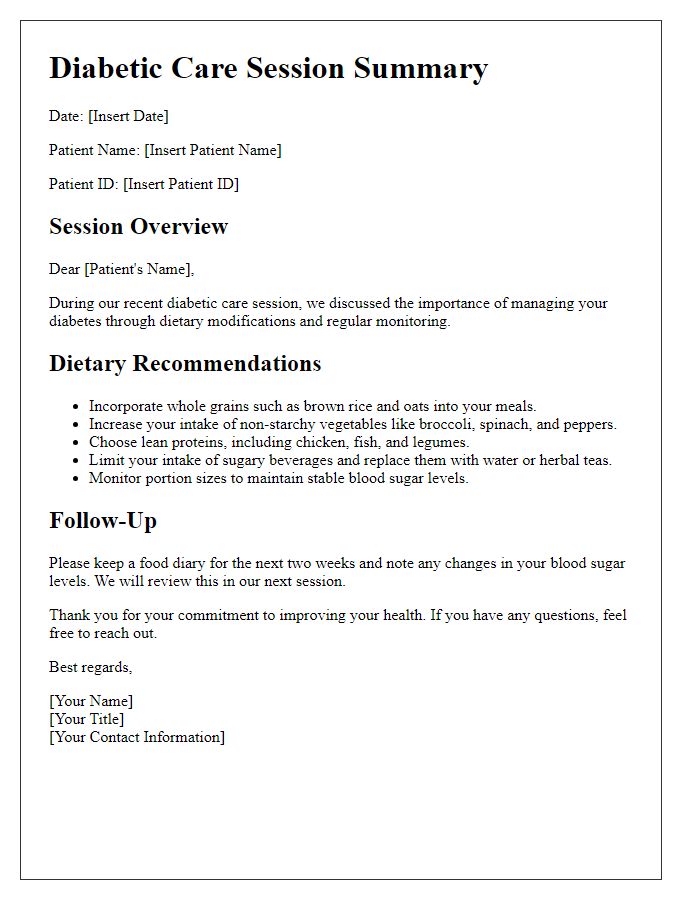 Letter template of diabetic care session with dietary recommendations