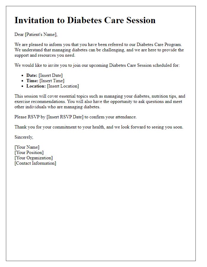 Letter template of diabetic care session invitation for new referrals