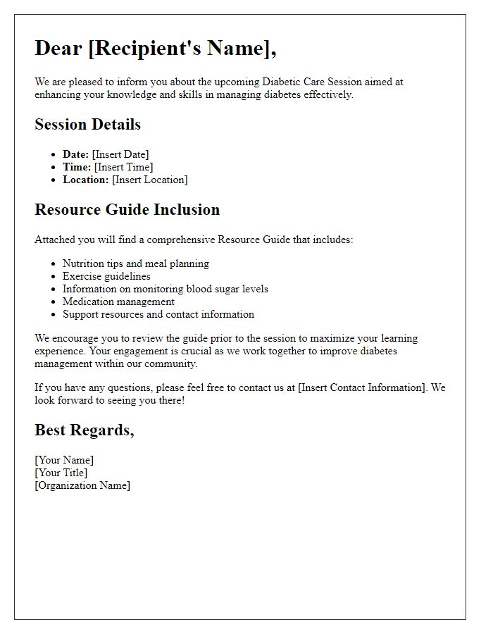 Letter template of diabetic care session resource guide inclusion