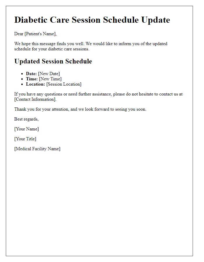 Letter template of diabetic care session schedule update