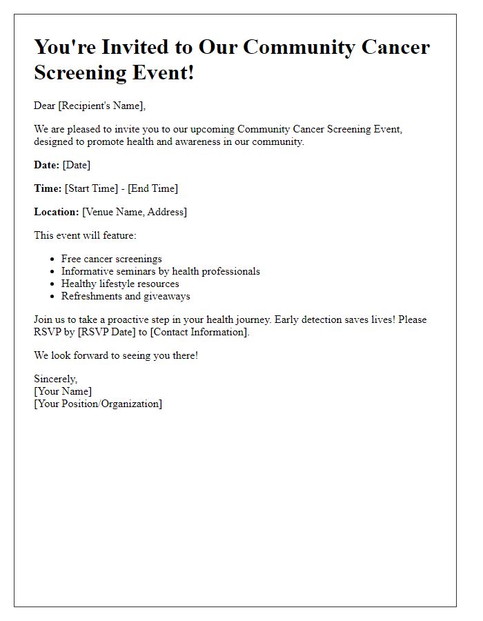 Letter template of community cancer screening event invitation.