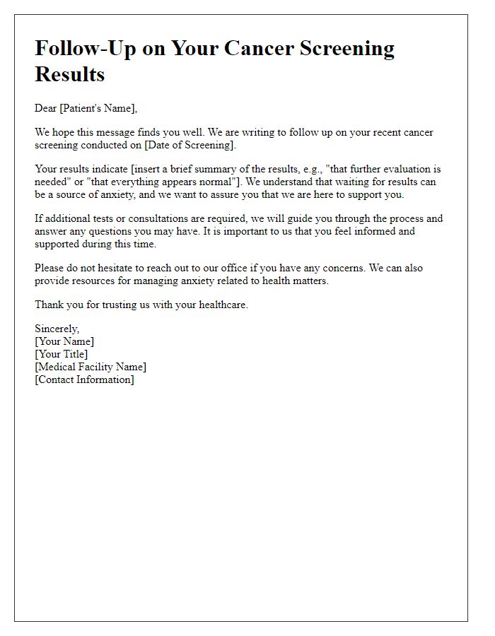 Letter template of follow-up cancer screening results for anxiety management.