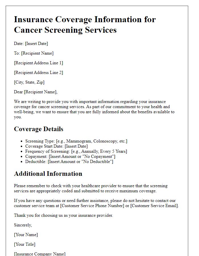 Letter template of insurance coverage information for cancer screening services.