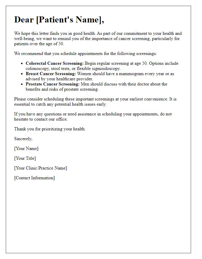 Letter template of recommended cancer screening for patients over 50.