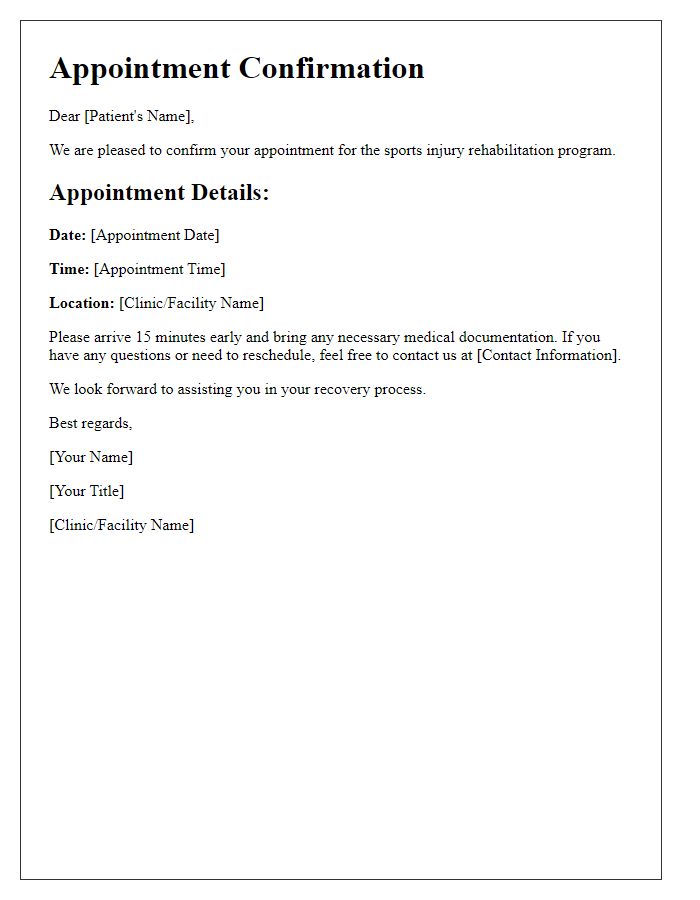 Letter template of sports injury rehabilitation program appointment confirmation