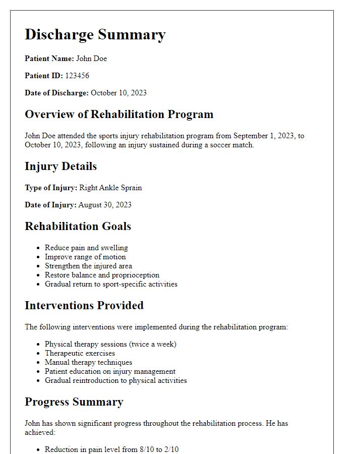 Letter template of sports injury rehabilitation program discharge summary