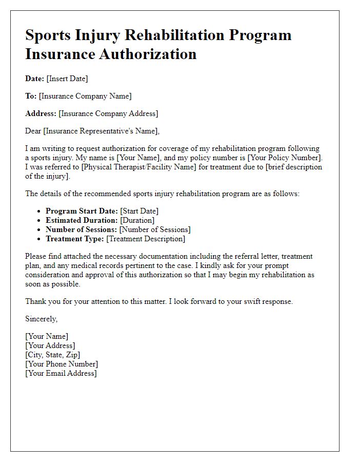 Letter template of sports injury rehabilitation program insurance authorization