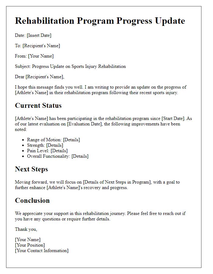 Letter template of sports injury rehabilitation program progress update