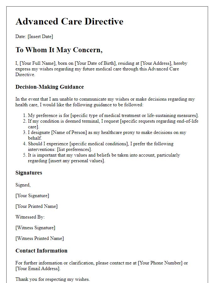 Letter template of advanced care directive decision-making guidance