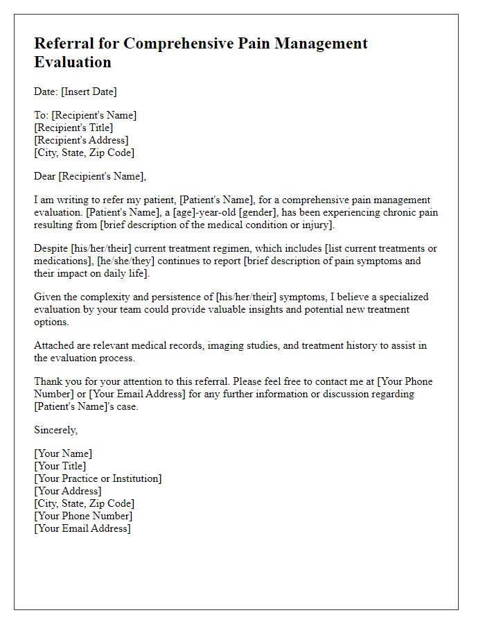 Letter template of referral for comprehensive pain management evaluation