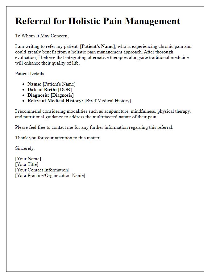 Letter template of referral for holistic pain management approach