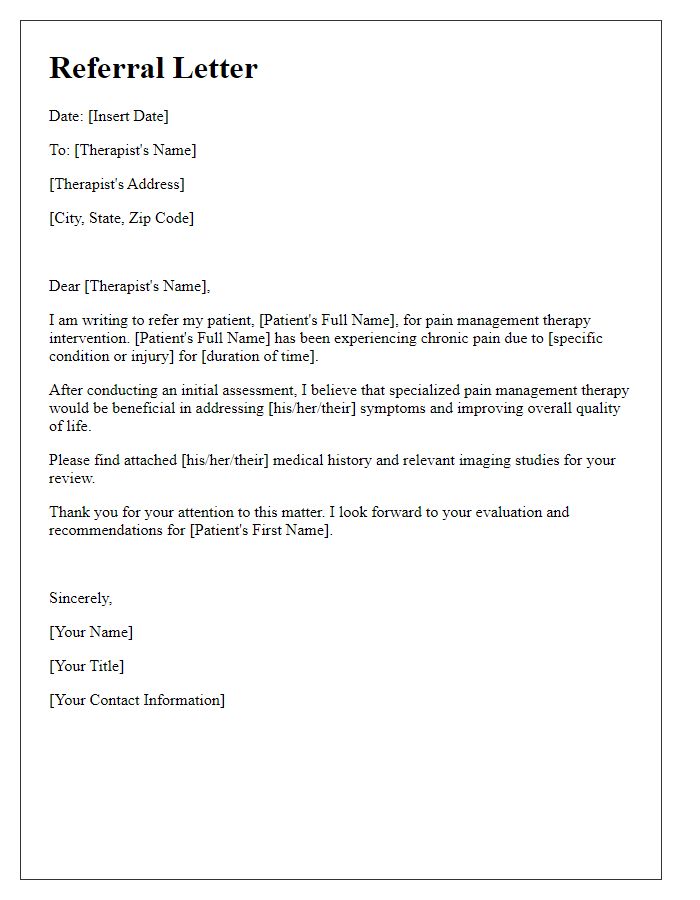 Letter template of referral for pain management therapy intervention