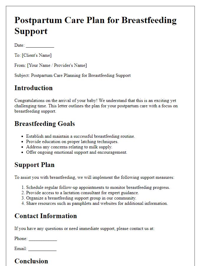 Letter template of postpartum care planning for breastfeeding support.