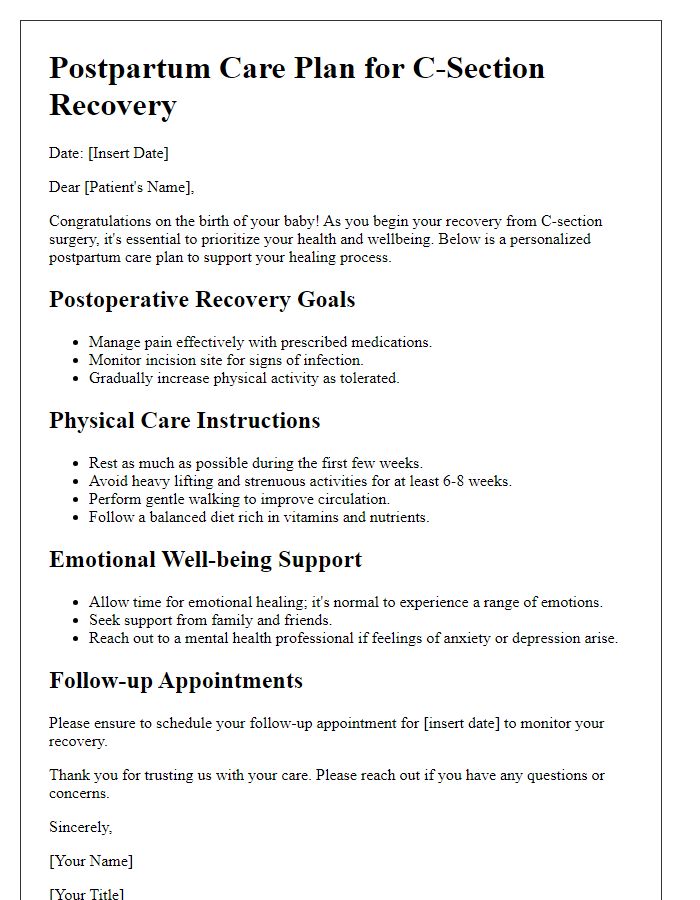 Letter template of postpartum care planning for C-section recovery.