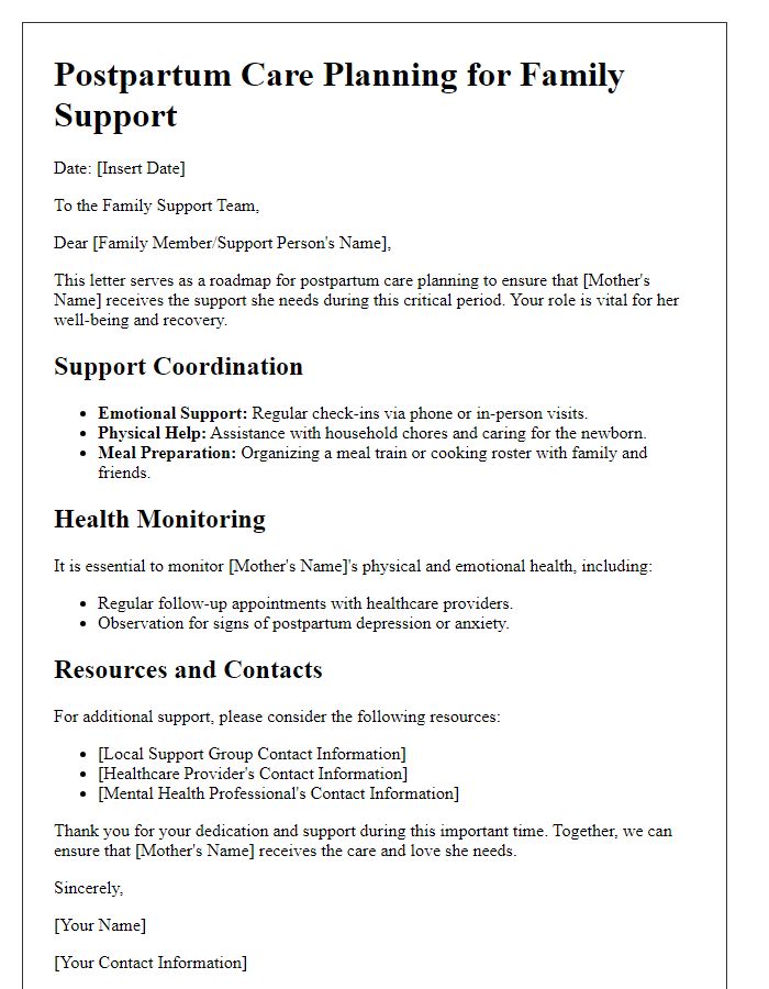 Letter template of postpartum care planning for family support coordination.