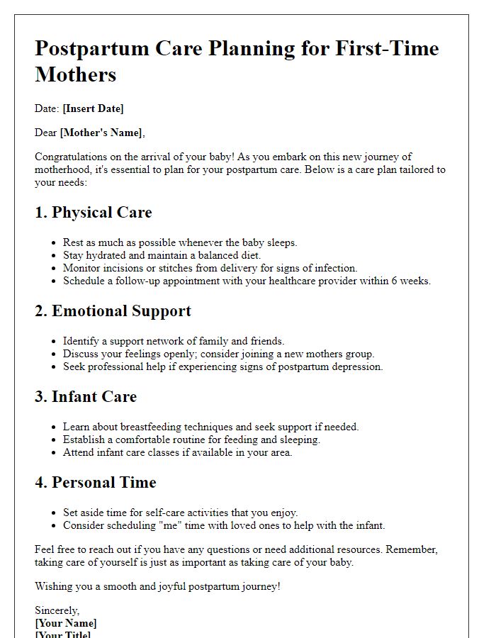 Letter template of postpartum care planning for first-time mothers.