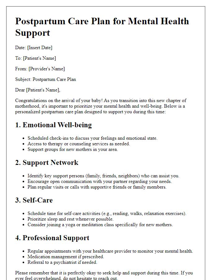 Letter template of postpartum care planning for mental health support.