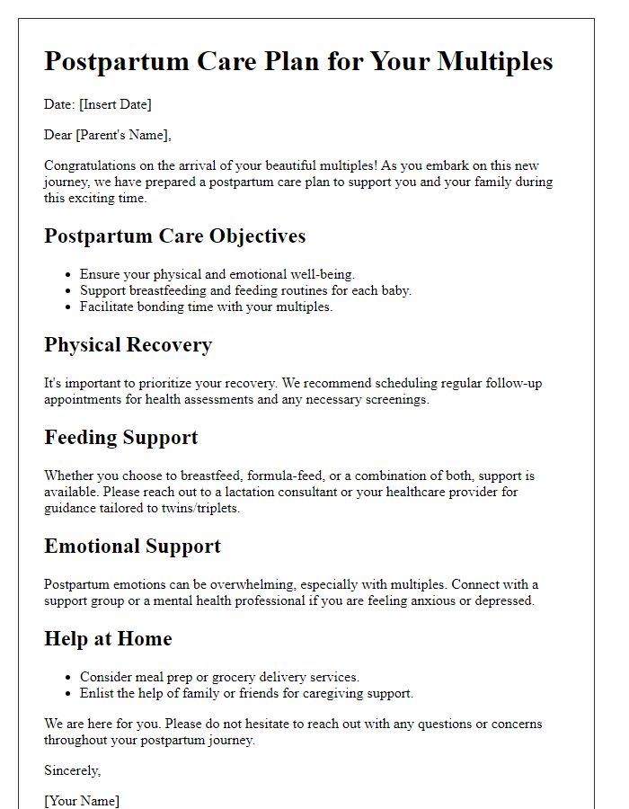 Letter template of postpartum care planning for multiple births.