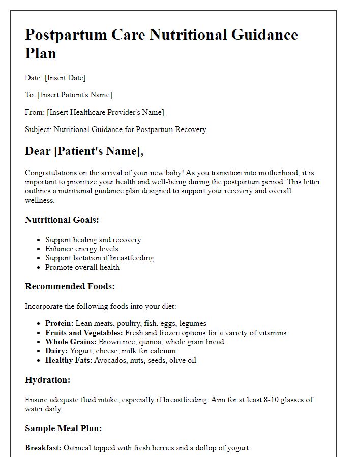 Letter template of postpartum care planning for nutritional guidance.