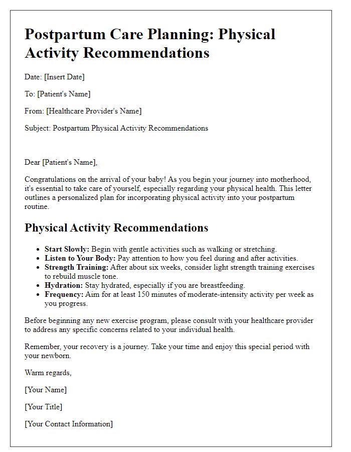 Letter template of postpartum care planning for physical activity recommendations.