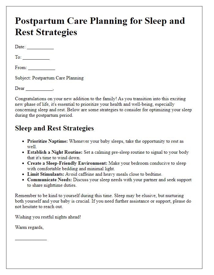 Letter template of postpartum care planning for sleep and rest strategies.