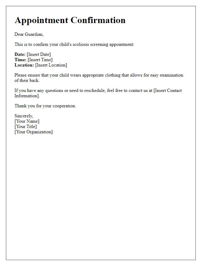 Letter template of scoliosis screening appointment confirmation for guardians.