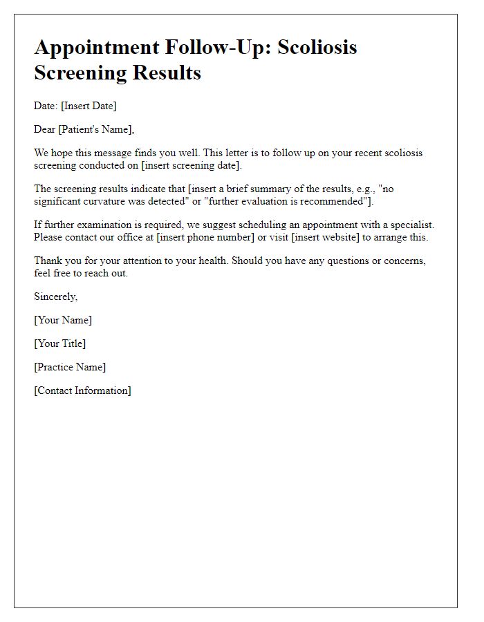 Letter template of scoliosis screening appointment follow-up for results.