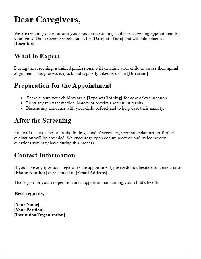 Letter template of scoliosis screening appointment guidance for caregivers.