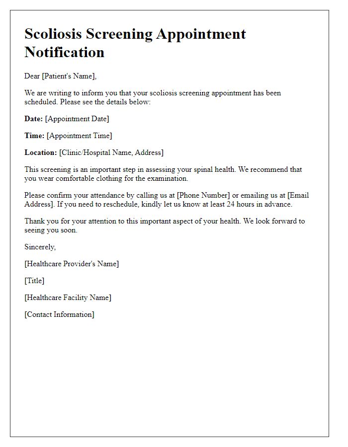 Letter template of scoliosis screening appointment for healthcare providers.