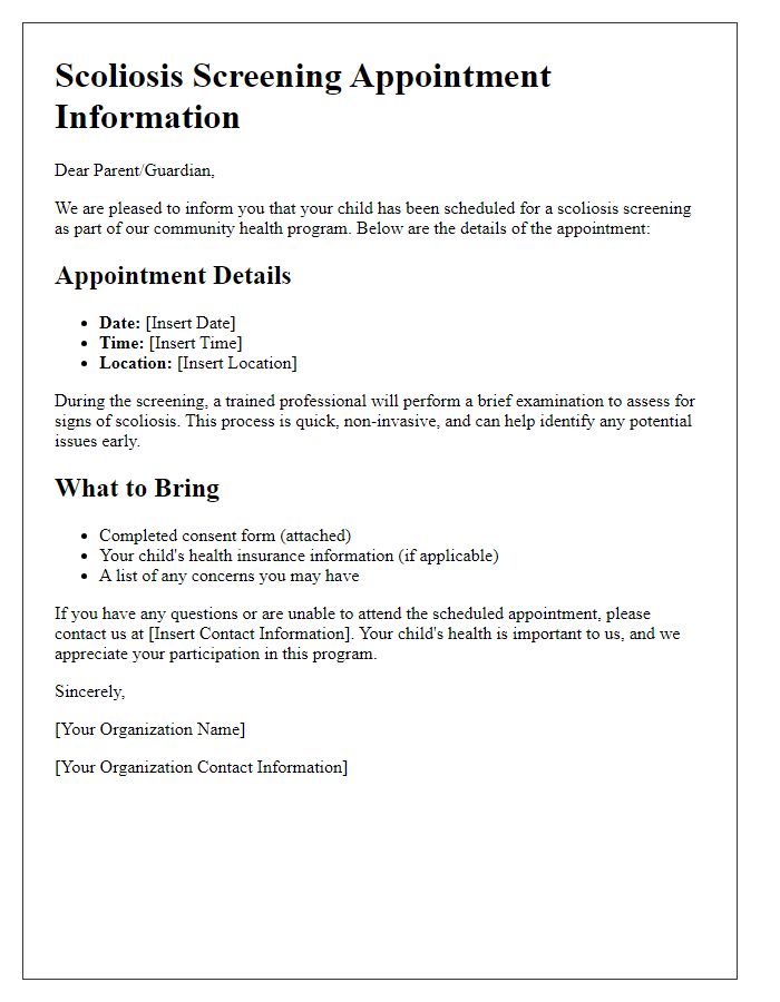 Letter template of scoliosis screening appointment information for community programs.