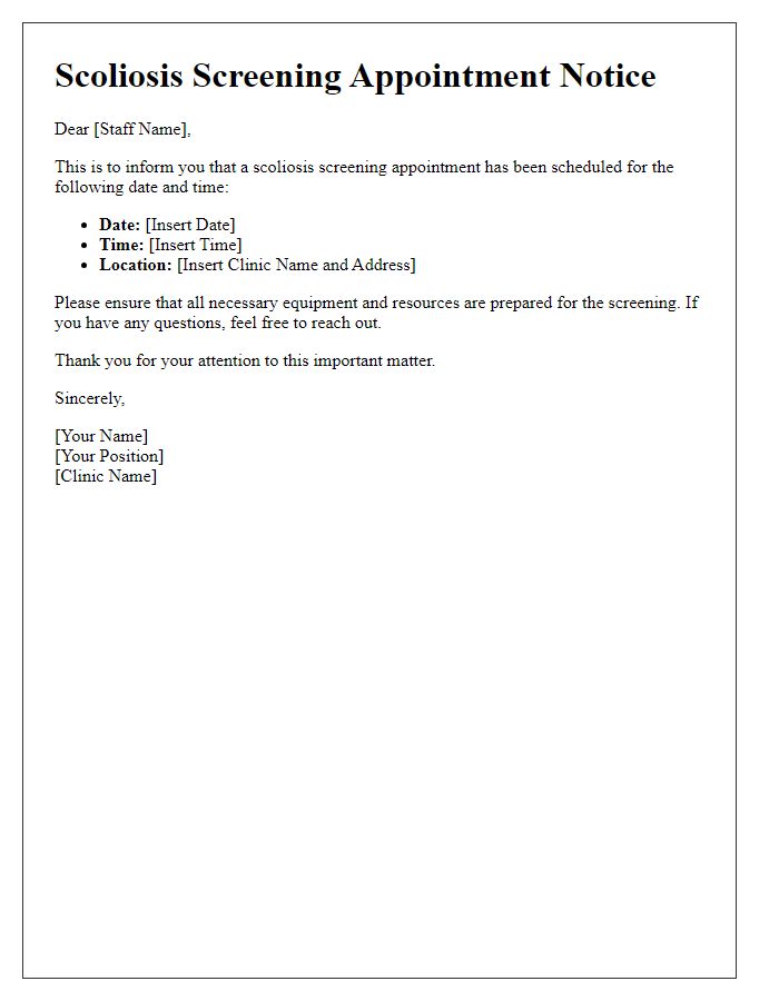 Letter template of scoliosis screening appointment notice for clinic staff.