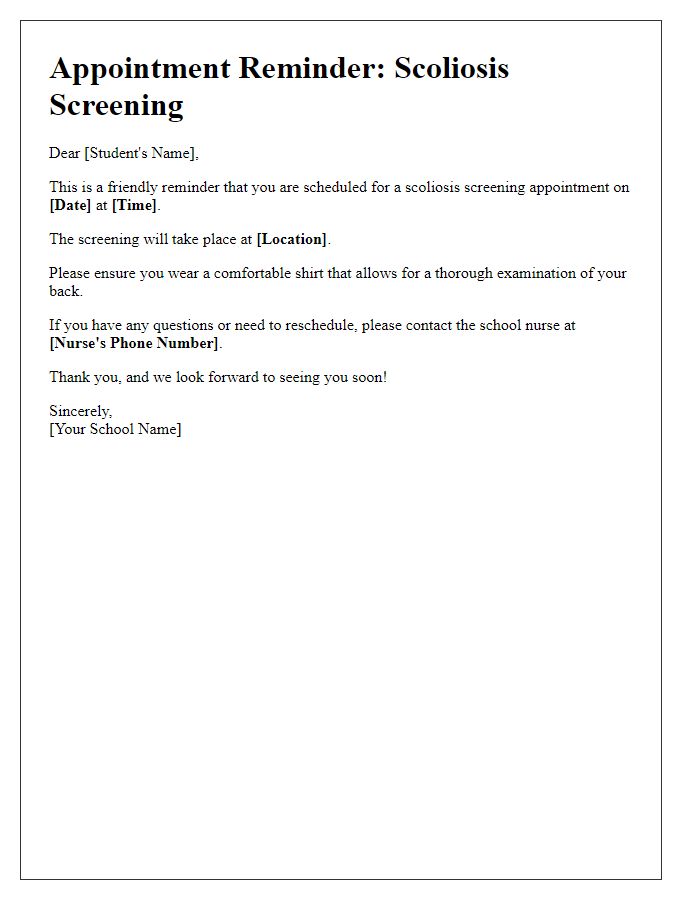 Letter template of scoliosis screening appointment reminder for students.