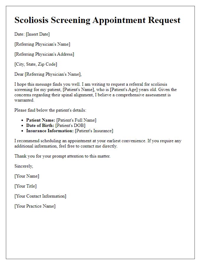 Letter template of scoliosis screening appointment request for referrals.