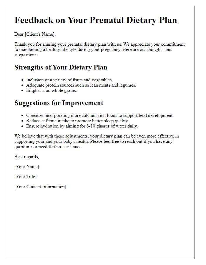 Letter template of feedback for prenatal dietary plan