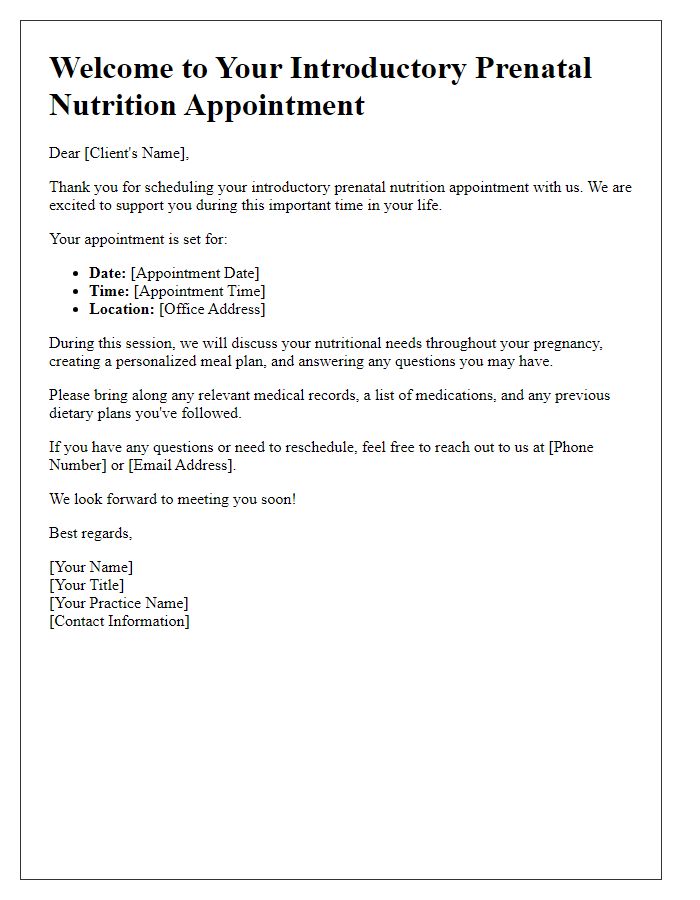 Letter template of introductory prenatal nutrition appointment