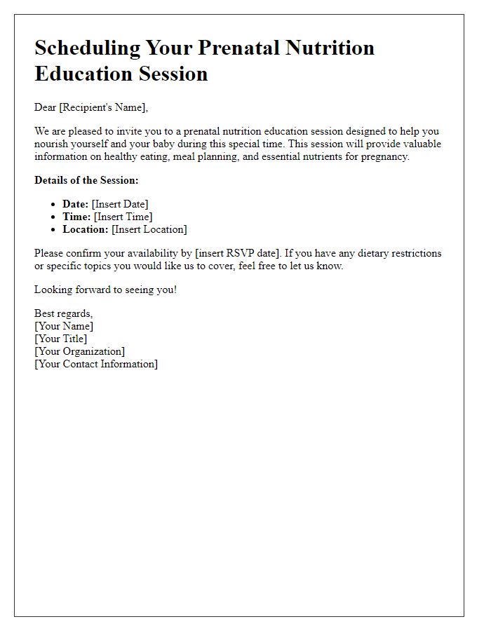 Letter template of scheduling prenatal nutrition education session